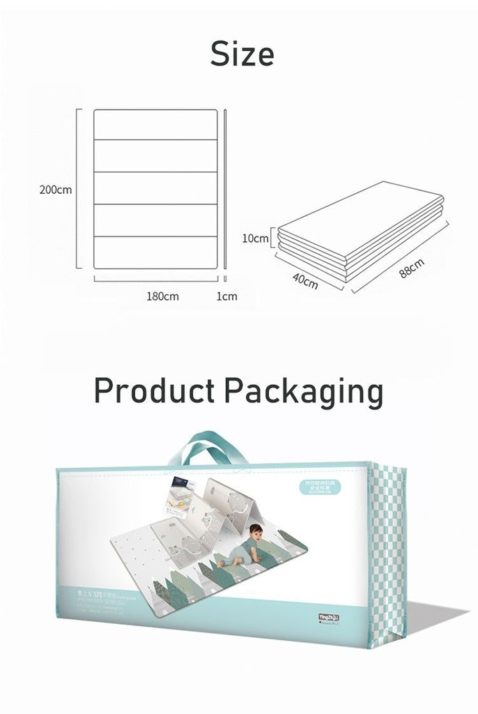 Packaging for a high-quality baby floor play mat with a size chart.