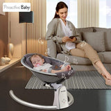 Woman using a smartphone while sitting on a couch with a baby in aelectric baby bouncer .