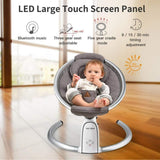 Baby in a gray electric baby swing with LED large touch screen panel features displayed.