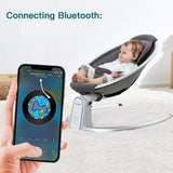 Baby in a modern electric baby bouncer connected to a smartphone .