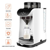 Intelligent automatic baby milk formula maker in white and black, featuring temperature control, automatic formula mixing, adjustable water volume, touch-screen controls, and a milk frothing function.