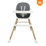 Kids wooden High chair with gray seat and white tray .