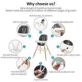 Multifunctional wooden kids high chair with different features.