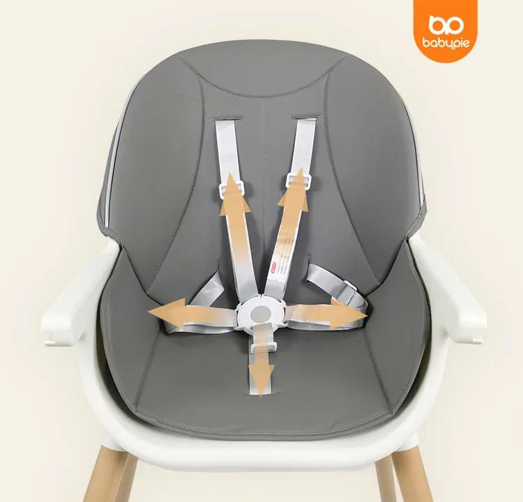 Gray wooden  high chair with safety harness featuring the  Baby pie logo.
