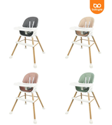 wooden kids high chairs with different colors.