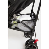 Lightweight black Nanu stroller with a convenient mesh storage bag attached, featuring a compact foldable design, reclining seat, adjustable leg rest, and five-point safety harness.