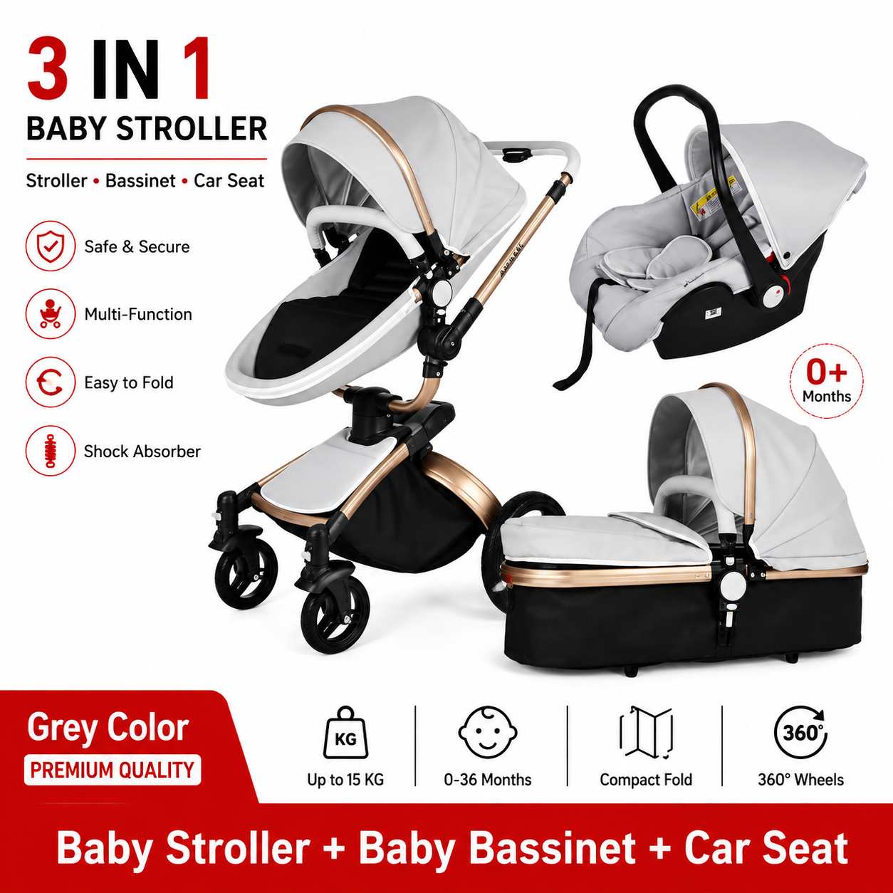Luxury Baby Stroller 3 in 1 Fashion Carriage Gold Frame Pram