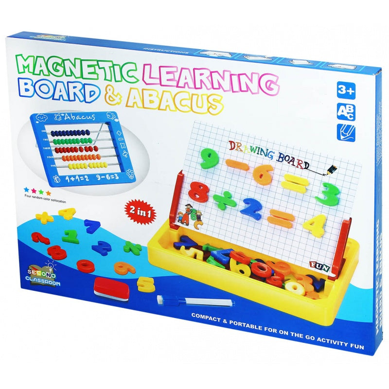 Box of a magnetic learning board and abacus toy set with colorful graphics.