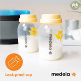 Two Medela bottles with yellow caps on a white surface, featuring the brand logo and 'leak-proof cap' text.