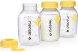 Three Medela breast milk storage bottles150 ml with yellow caps .