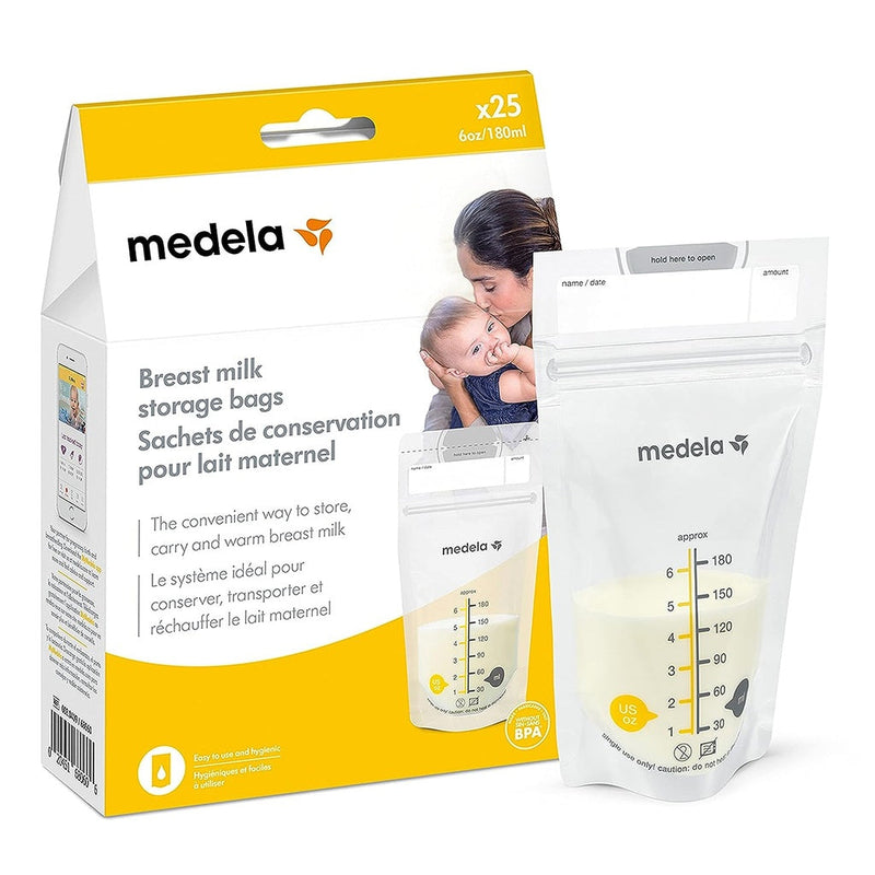 Medela breast milk storage bags packaging with a woman holding a baby.