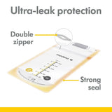 Medela breast milk storage bag with features highlighted 