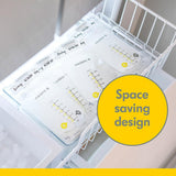 Space-saving design of a clear plasticMedela milk storage bag with labels 