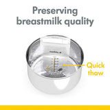 Stainless steel breast milk storage container with a Medela storage bag.