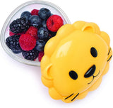 Yellow meli cat-shaped container with a lid filled with berries .