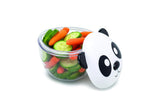 Panda-shapedMeli snack bowl with a lid filled with sliced vegetables 