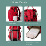 Red multifunctional waterproof backpack with highlighted features including water-resistant material, large-capacity storage, multiple compartments, insulated bottle pockets, durable construction, and comfortable adjustable shoulder straps.