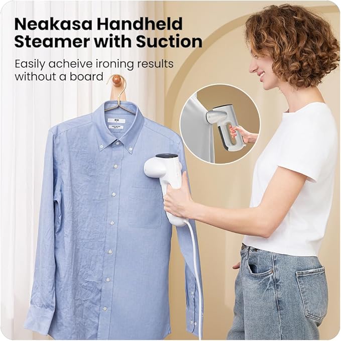 Woman using a Nekasa Handheld Steamer with Suction on a blue shirt.