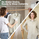 Woman using a neakasa garment steamer on a shirt with text about no water stains and instant wearability.