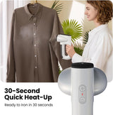 Woman using aNEAKASA handheld steamer on a shirt with text '30-Second Quick Heat-Up'.