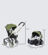 New 4-in-1 multifunctional green baby stroller with a versatile travel-system design, including a reversible seat, bassinet, adjustable handlebar, safety harness, storage basket, and foldable frame. Measurements include the stroller’s overall length, width, height, folded dimensions, and bassinet size.