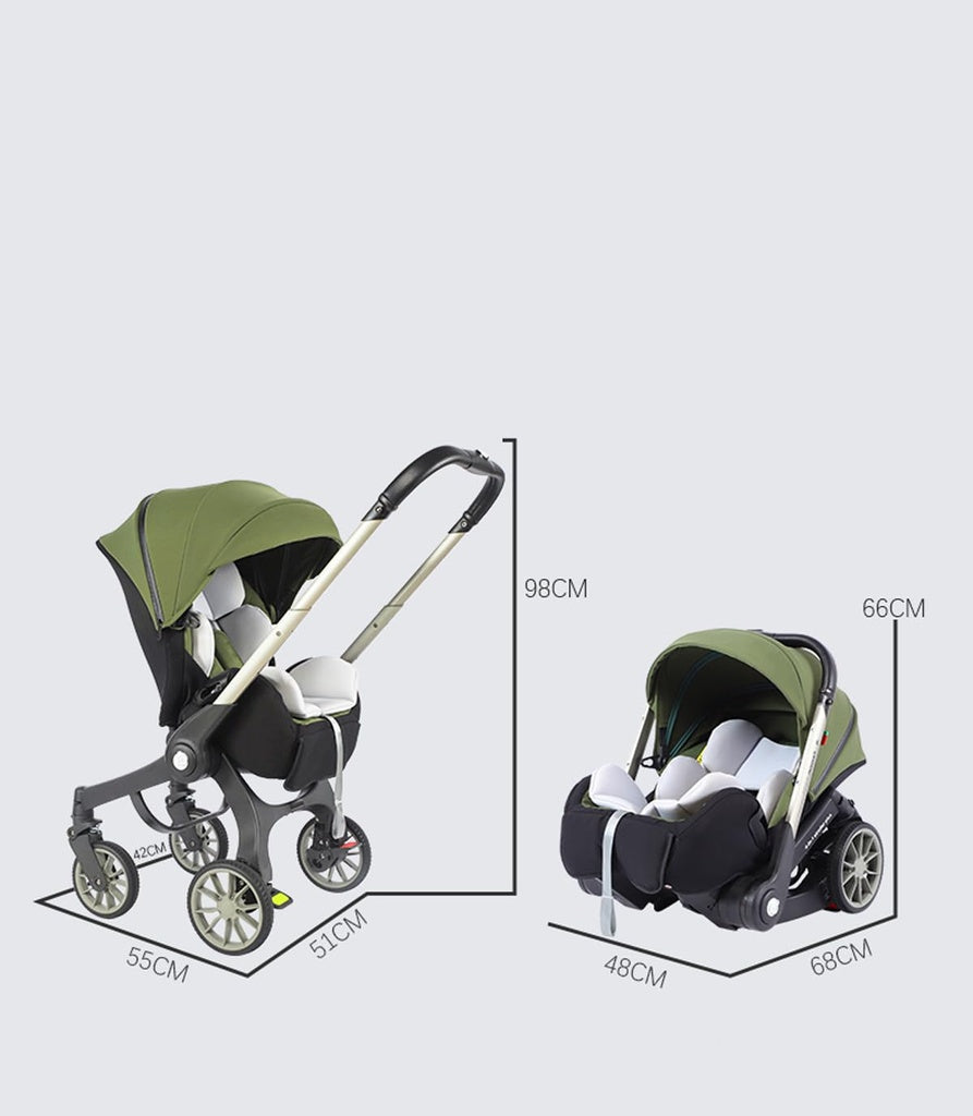 New 4-in-1 multifunctional green baby stroller with a versatile travel-system design, including a reversible seat, bassinet, adjustable handlebar, safety harness, storage basket, and foldable frame. Measurements include the stroller’s overall length, width, height, folded dimensions, and bassinet size.