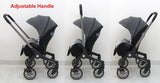 New 4-in-1 multifunctional black baby stroller with an adjustable system, featuring a reversible seat, detachable bassinet, adjustable handlebar and backrest, safety harness, spacious storage basket, and easy-folding frame.