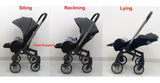 New 4-in-1 multifunctional black baby stroller with an integrated car seat, shown in different positions including sitting, reclining, and fully lying, with an adjustable seat, safety harness, and versatile travel-system design.