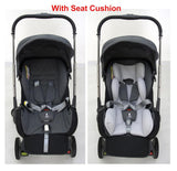 Comparison of a 4-in-1 multifunctional baby stroller with and without a seat cushion, highlighting the padded seat option for added comfort and support versus the cushion-free configuration for a more streamlined setup.