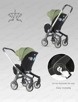 Collage of a new 4-in-1 multifunctional baby stroller with a green canopy, showing multiple viewing angles and a close-up of the stroller’s control button, highlighting its versatile design and convenient features.