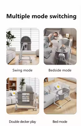 Portable baby swing crib shown in multiple configurations, including swing, bedside, double-decker play, and bed modes, with the text “Multiple mode switching.”