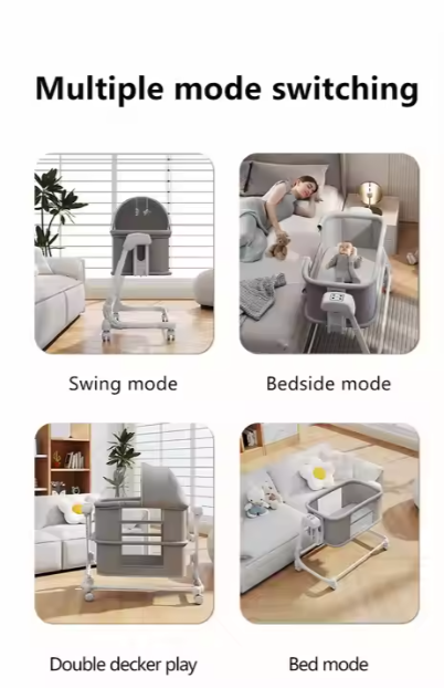 Portable baby swing crib shown in multiple configurations, including swing, bedside, double-decker play, and bed modes, with the text “Multiple mode switching.”