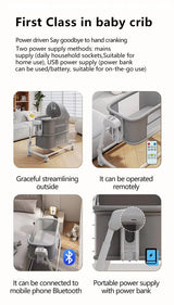 Portable baby swing crib with power supply and remote control, shown in multiple settings for convenient use and adjustable functionality.