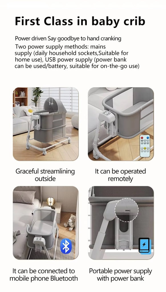 Portable baby swing crib with power supply and remote control, shown in multiple settings for convenient use and adjustable functionality.