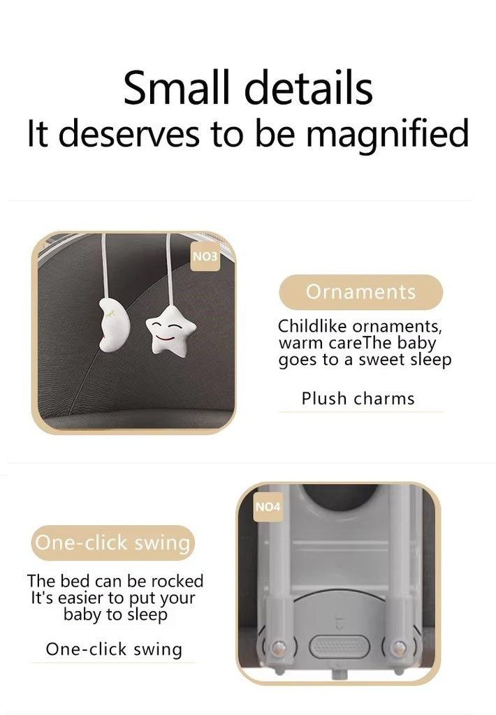 Portable baby swing with a padded seat, colorful toy bar, adjustable swing speeds, soothing music, and a compact foldable frame.