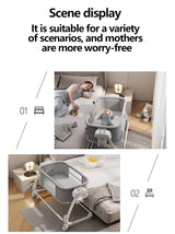  Portable Baby bassinet in a living room with text about its versatility.