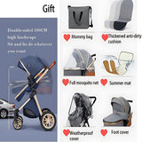 Newborn 3-in-1 baby stroller with a protective rain cover, mosquito net, and matching backpack, featuring a reversible seat, adjustable handlebar, safety harness, padded interior, storage basket, and foldable frame.