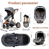 Newborn 3-in-1 baby stroller with rain cover, featuring a multifunctional design, adjustable handlebar, reversible seat, safety harness, foldable frame, storage basket, and protective rain cover. Product parameters include stroller size, folded dimensions, frame material, wheel type, suitable age range, weight capacity, and product weight.