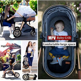 Newborn 3-in-1 baby stroller with a foldable design and comfortable sleeping space, featuring a padded bassinet, adjustable backrest, reversible seat, safety harness, smooth-rolling wheels, and a convenient compact frame for travel and storage.