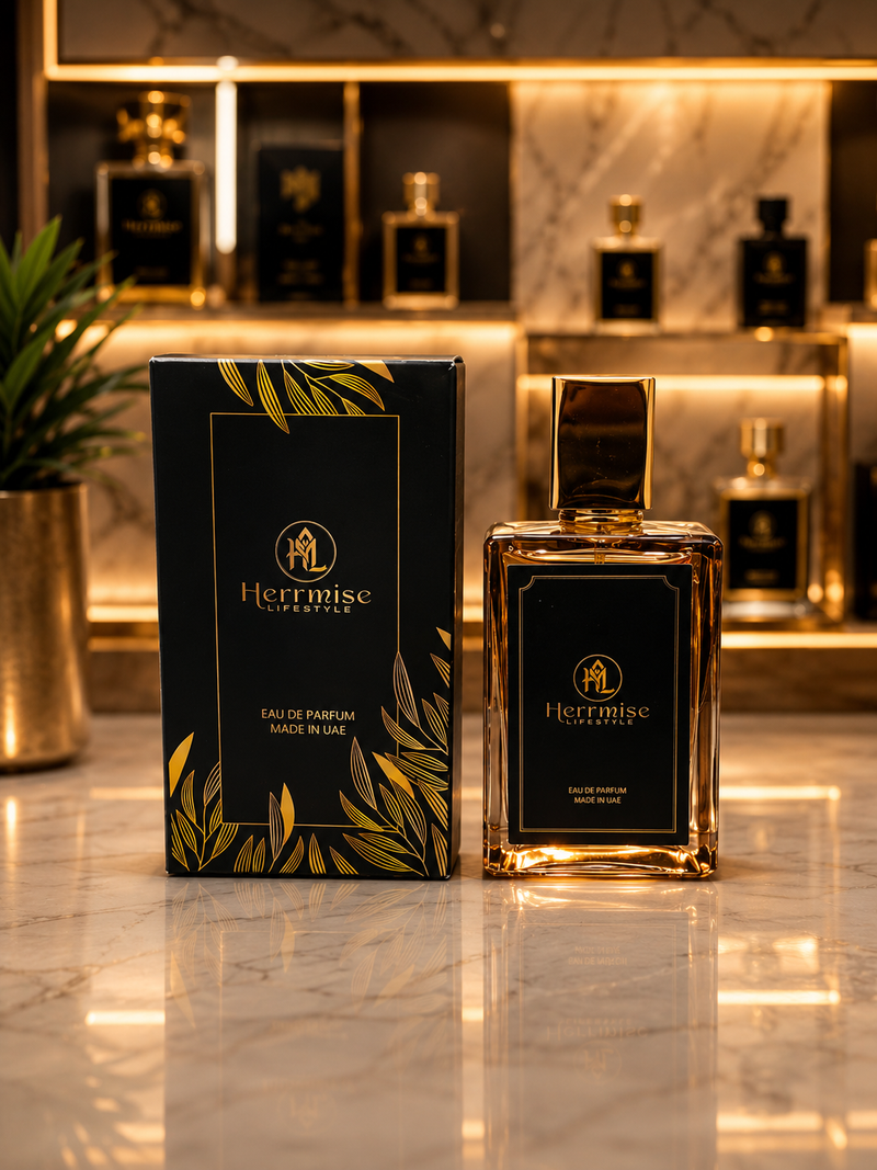 Herrmise perfume bottle and packaging on a reflective surface with a blurred background of more perfume bottles.
