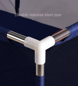 Close-up of a T-shaped stainless steel pipe connector on a blueplaypen with text 'Durable stainless steel pipe'.