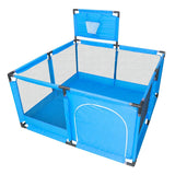 Blue children's playpen with mesh sides.