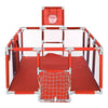 Red portable kids playpen with basketball net.