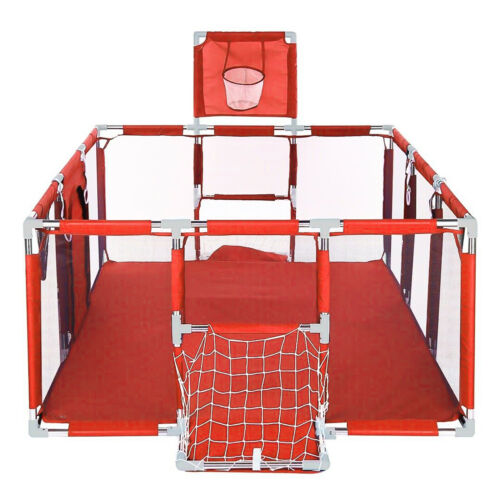 Red portable kids playpen with basketball net.