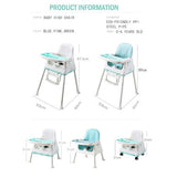 Portable Baby high chair with dimensions and product information .