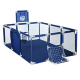 Blue children's portable playpen with basketball hoop and soccer goal .