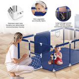Baby portable playpen with features highlighted, including stainless steel tube, eco-friendly fabric, and large storage pocket.