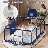 Baby blue playpen with colorful balls inside, baby playing, and woman reading a book in a living room .