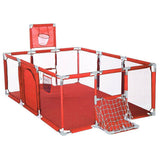 Red playpen with a goal and cup holder .