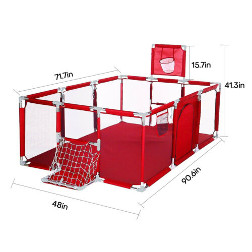 Red playpen with dimensions labeled .